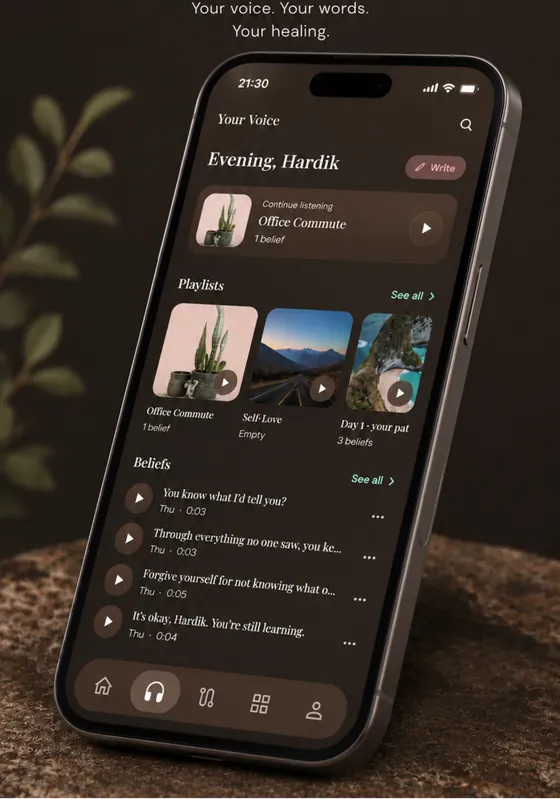 The Aava voice library on an iPhone: an evening greeting, playlists, and a list of recorded beliefs with their durations.