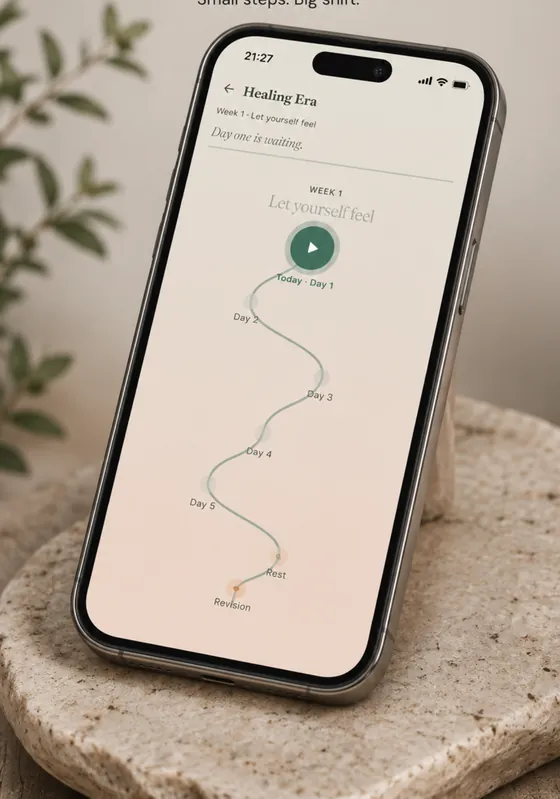 Week one of a guided path on an iPhone: a winding line through five days, a rest day and a revision day, with today marked as day one.